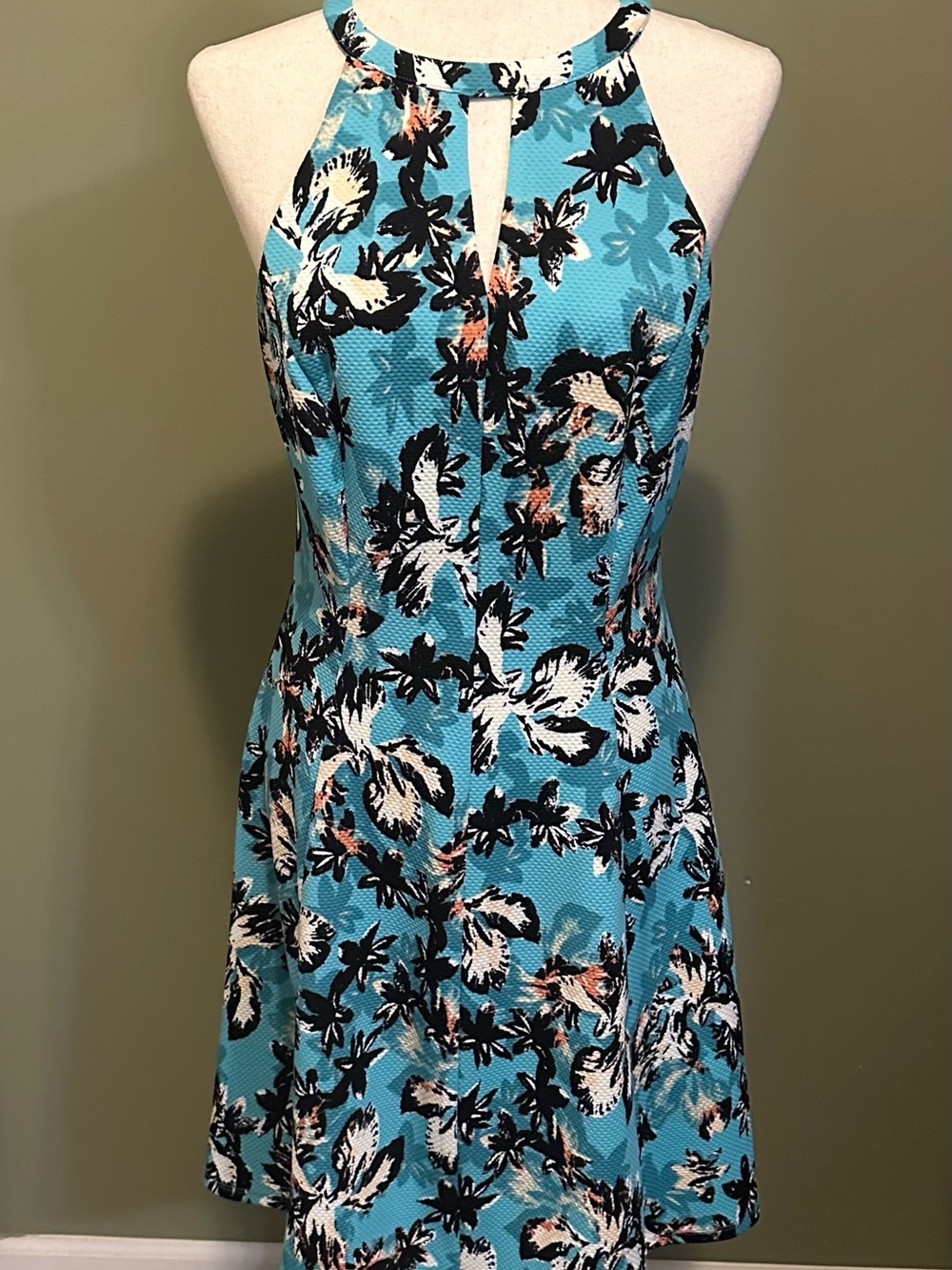 Aqua Floral Halter Midi Dress with Keyhole